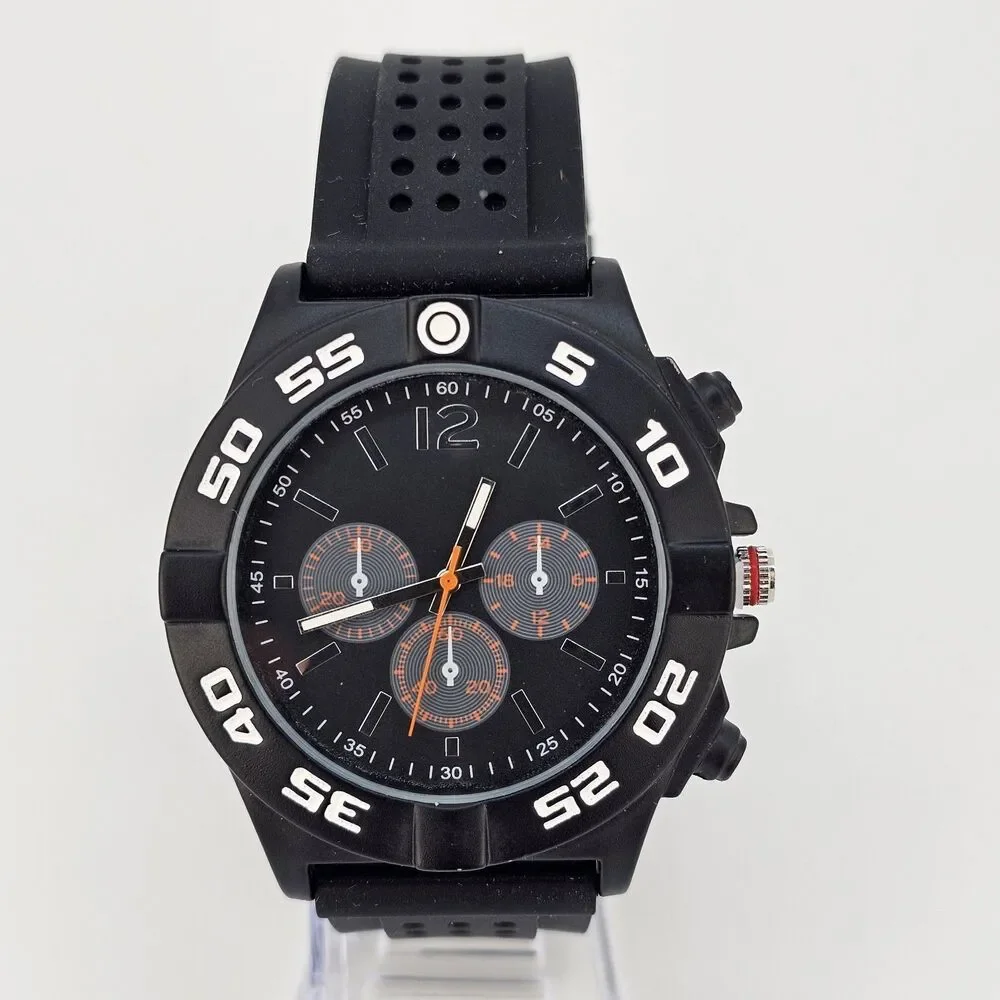 Men's Watch 50MM Black Dial Black Case Black Plastic Bands New Battery‎